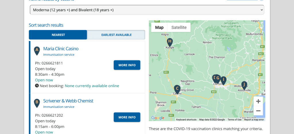 Screenshot of covid vaccine clinic finder webpage